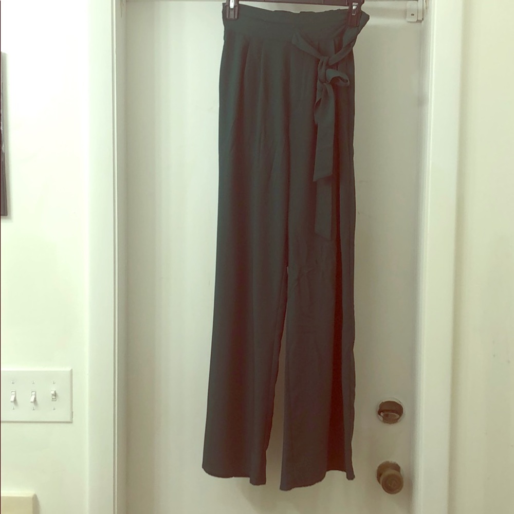 Paper bag green dress pants wide leg